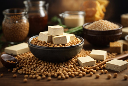 Tofu and soybeans on wooden table, close-upの素材