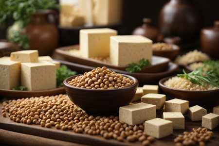 Composition with soybeans and tofu on wooden table, closeupの素材