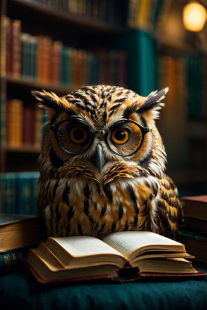 Owl with glasses and book on the background of bookshelvesの素材