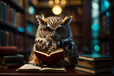 Owl in glasses and a book on the background of the libraryの素材