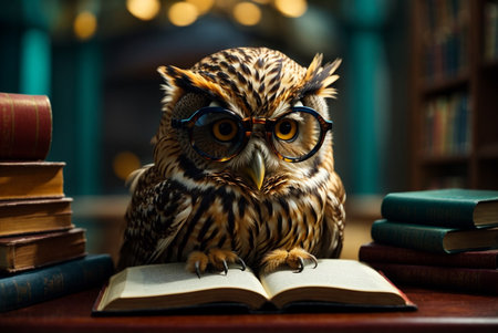 Owl with glasses and book on the background of the library.の素材