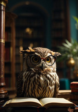 Owl with glasses and books in the library. Education concept.の素材