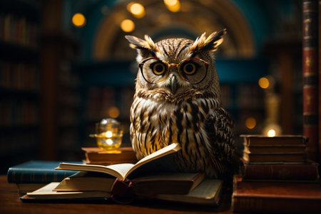 Owl with glasses and books on the background of the library.の素材