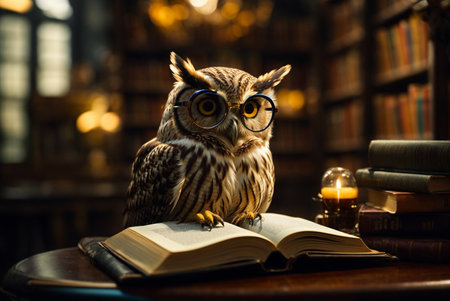 Owl with glasses and books on the background of the library.の素材