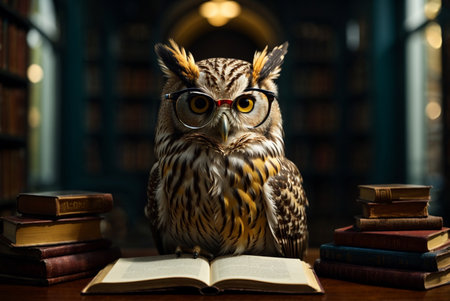 Owl with eyeglasses and books on a dark background.の素材