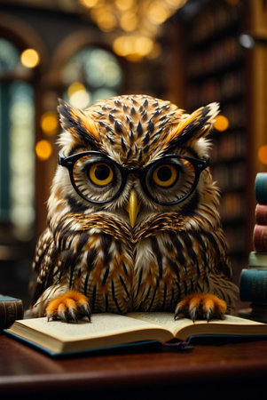 Owl with eyeglasses reading book in library. Education concept.の素材