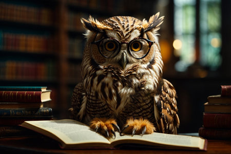 Owl with eyeglasses and books on a dark background.の素材
