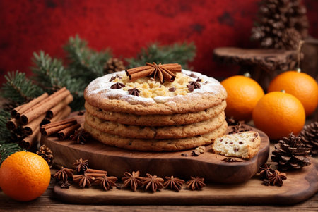 Christmas cookies with tangerines, cinnamon and anise on wooden boardの素材