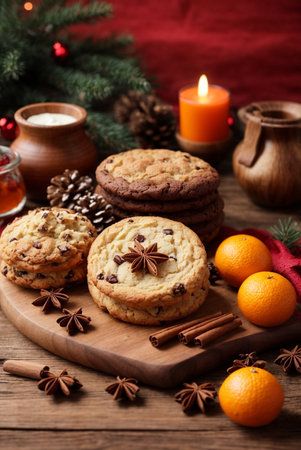 Christmas cookies with tangerines and spices on a wooden background.の素材