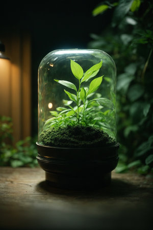 Green plant in a glass jar on wooden table with copy space.の素材