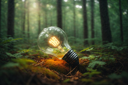 Incandescent light bulb in the forest. Conceptual image.の素材