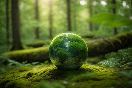 Glass ball with green moss in the forest. Ecology and environment concept.の素材
