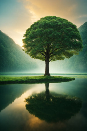 Tree on the lake with misty sunrise background. Beautiful nature landscapeの素材