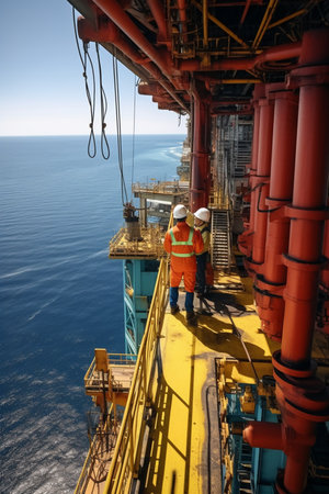 Oil and gas industry. Oil and gas industry. Worker on the deck of oil rig.の素材
