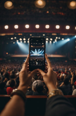 Crowd in front of a concert stage taking a selfie with a smartphoneの素材