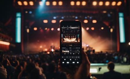 Hands holding smartphone taking photo of concert stage with crowd in backgroundの素材