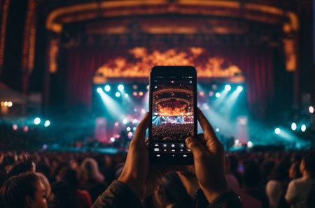 Crowd at a concert taking a picture with a mobile phone.の素材