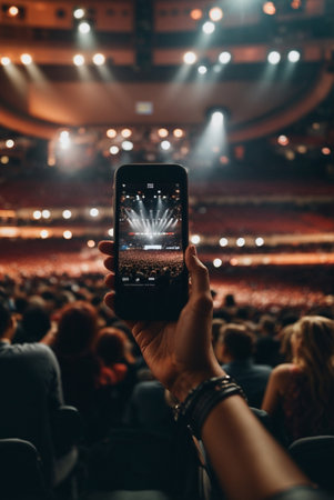 Female hand taking photo of concert stage with mobile phone in auditoriumの素材