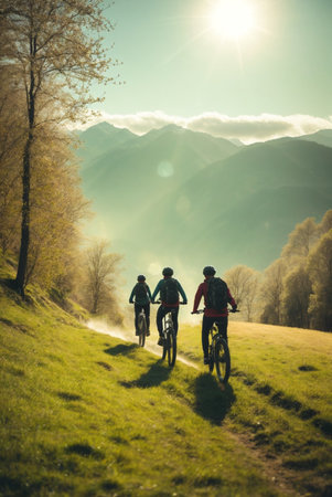 Cyclists in the mountains at sunset. Sport and active life concept.の素材
