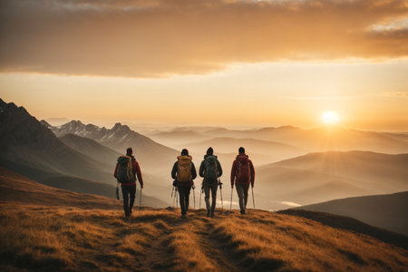 Group of hikers with backpacks hiking in the mountains at sunset.の素材