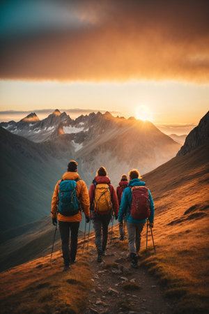 Group of hikers with backpacks hiking in the mountains at sunset.の素材