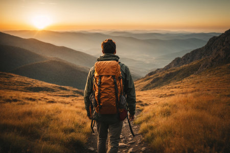 Hiker with backpack hiking in the mountains at sunset. Travel and adventure concept.の素材