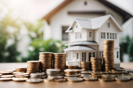 House model and coin stack for finance and banking concept, Saving money for buy a house.の素材