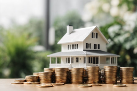 House model and coin stack on wooden table with blur background, saving money for buy a house concept.の素材
