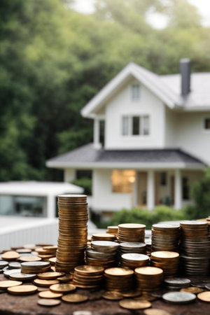 Coins in the foreground with a house in the background. Selective focus.の素材