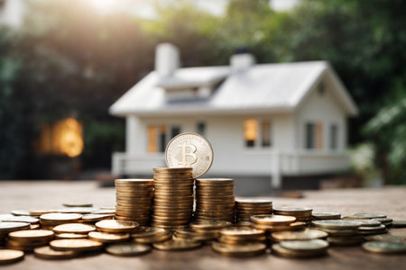 Gold Bitcoin coin and house model on wooden table with nature background.の素材