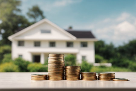 Coins stacked on each other with a house in the background.の素材
