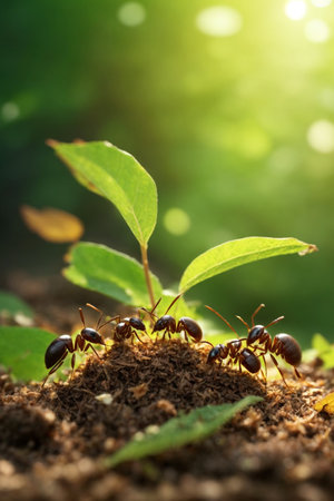 Ants on a green leaf in the garden, teamwork concept.の素材