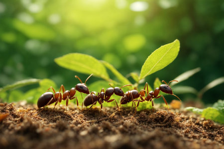 Ants are walking on the ground in the forest. teamwork concept.の素材