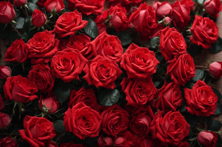 Beautiful red roses on wooden background, top view. Space for textの素材