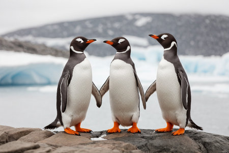 Gentoo penguins (Pygoscelis papua) standing on a rock in Antarcticaの素材