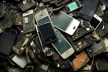 Broken mobile phones in a pile of old and used cellphonesの素材