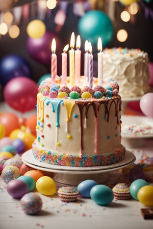 Birthday cake with candles and colorful eggs on bokeh backgroundの素材