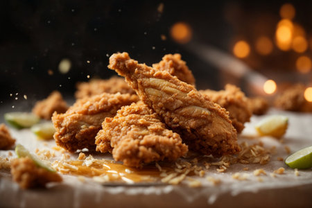 Fried chicken wings with lime and honey on wooden table, closeupの素材