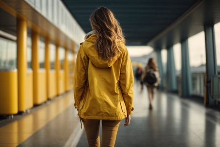 Back view of young woman in yellow raincoat walking in the airportの素材