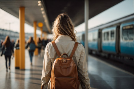Young woman with backpack waiting for train at the station, rear viewの素材