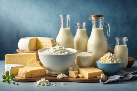 Dairy products on blue background. Milk, cheese, sour cream, cottage cheese.の素材