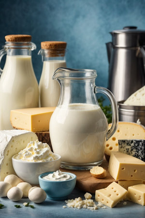 Composition with different types of dairy products on light background, closeupの素材