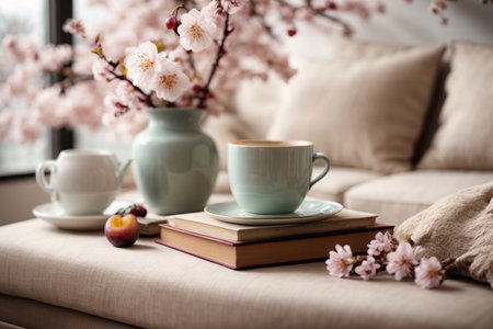 Cup of coffee, books and cherry blossom flowers on windowsillの素材
