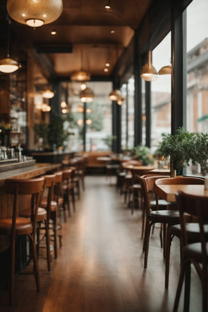 Coffee shop interior with tables and chairs, selective focus.の素材