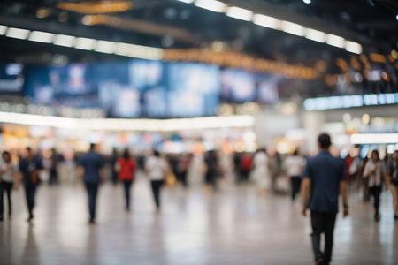 Abstract blurred people in trade show expo background, business and shopping conceptの素材