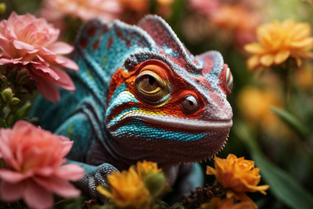 Colorful chameleon on flower background. Close up view.の素材