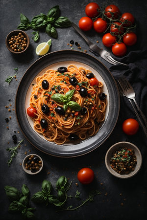 Spaghetti with black olives, tomatoes and basil on dark backgroundの素材