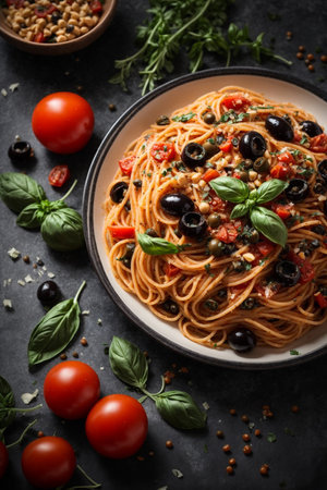 Spaghetti with black olives, tomatoes and basil on dark backgroundの素材