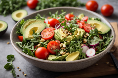 Fresh salad with arugula, avocado, tomatoes and pine nutsの素材