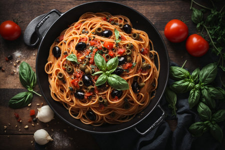 Spaghetti with olives and tomato sauce in black bowl on wooden tableの素材